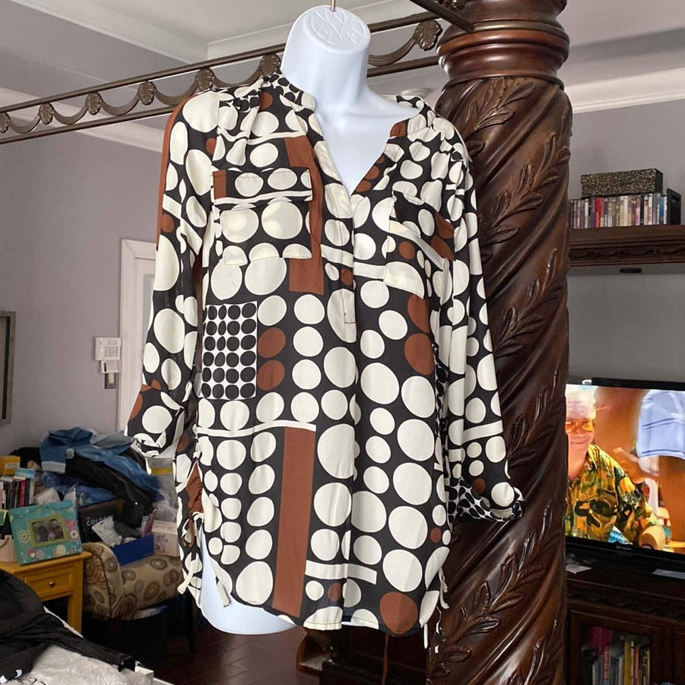 NWT. Black blouse with brown and cream dots
